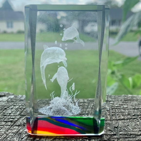 3D Laser Etched Crystal Cube Paperweight Dolphins Swimming Seaweed Kure Beach NC - Picture 9 of 13